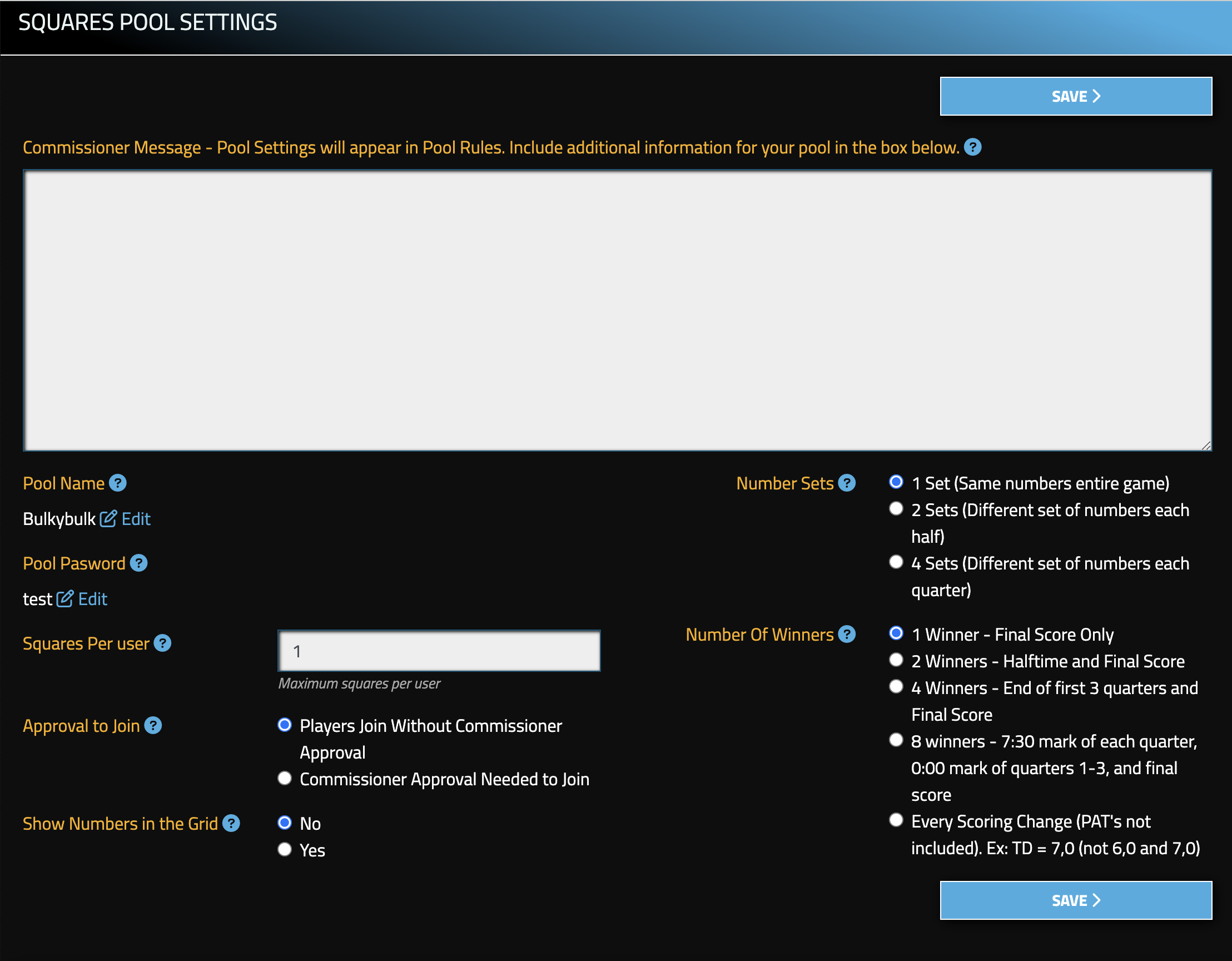 Various Settings Available